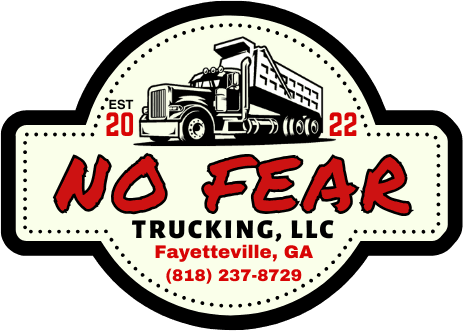 Logo for No Fear Trucking, LLC featuring a large truck illustration. Established in 2022, located in Fayetteville, GA, with phone number (818) 237-8729.